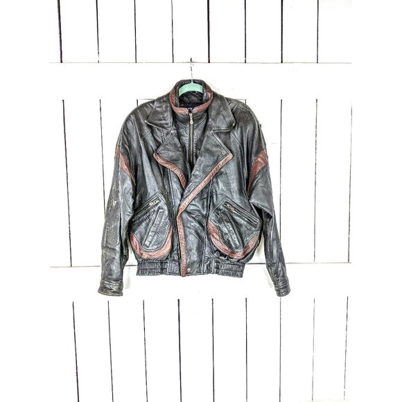 Vintage Jackets & Coats 8s Vintage Black Brown Leather Zipper